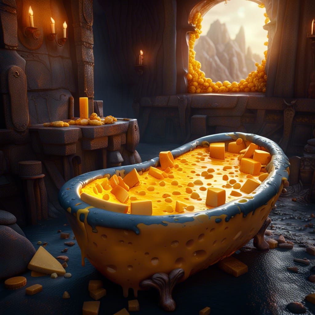 Bathtub made of cheese, filled with molten cheese AI Generated