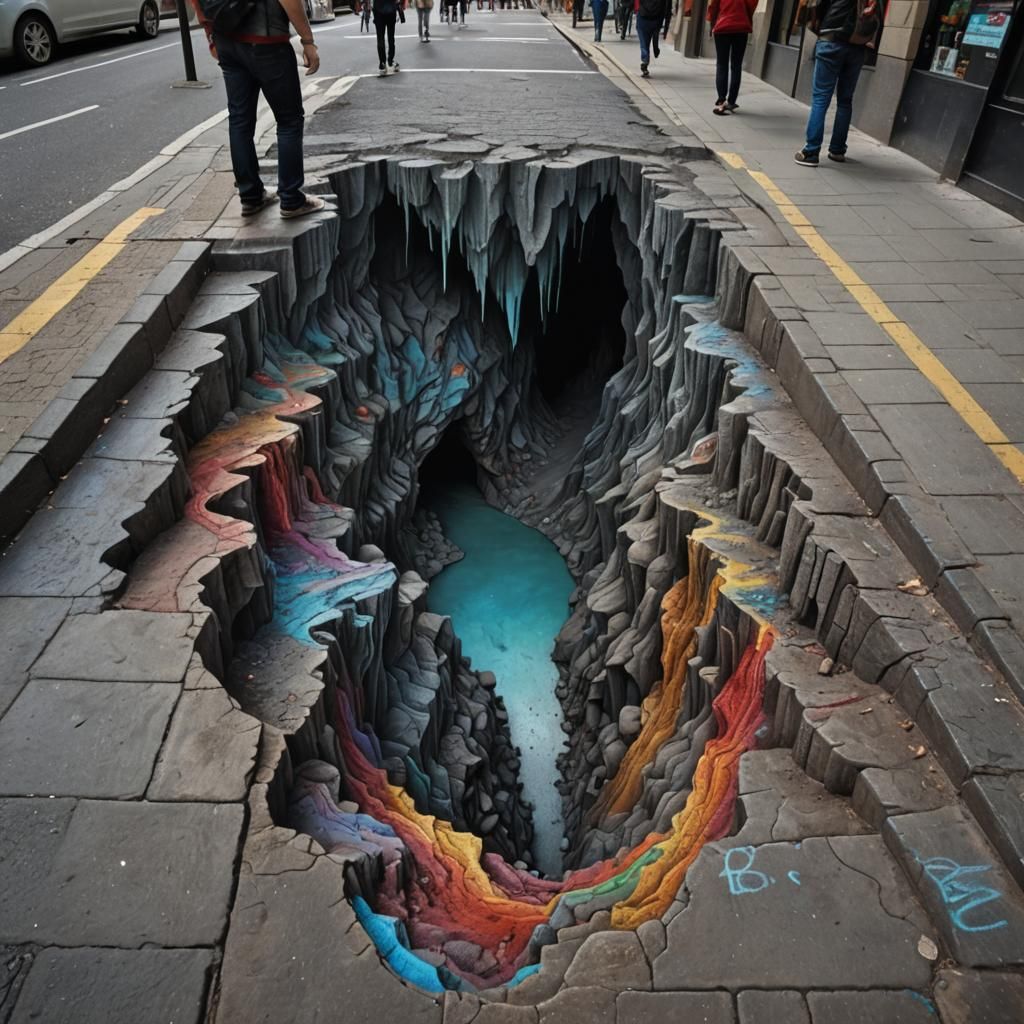 3d depth Chalk art of ground caving in on a city street.  by @The Master of 5s