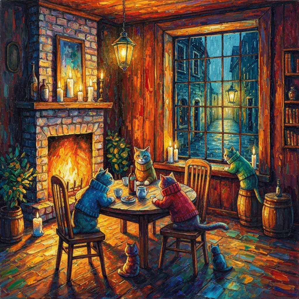 "Lea Roche-esque + Light Surrealist Vibrant Colors" -- texture oil painting
In a cozy, dimly lit tavern, ...  by @HIKER