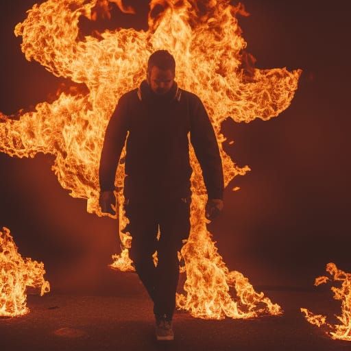 A man emerging from flames looking badass