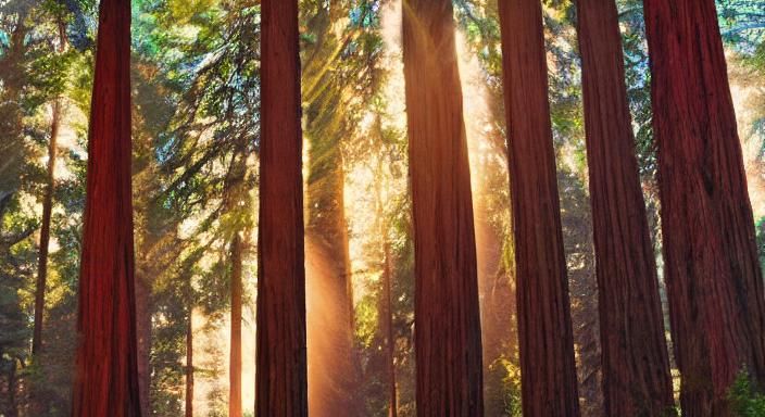 Distorted, Very large tall redwood trees in forest. View fro...