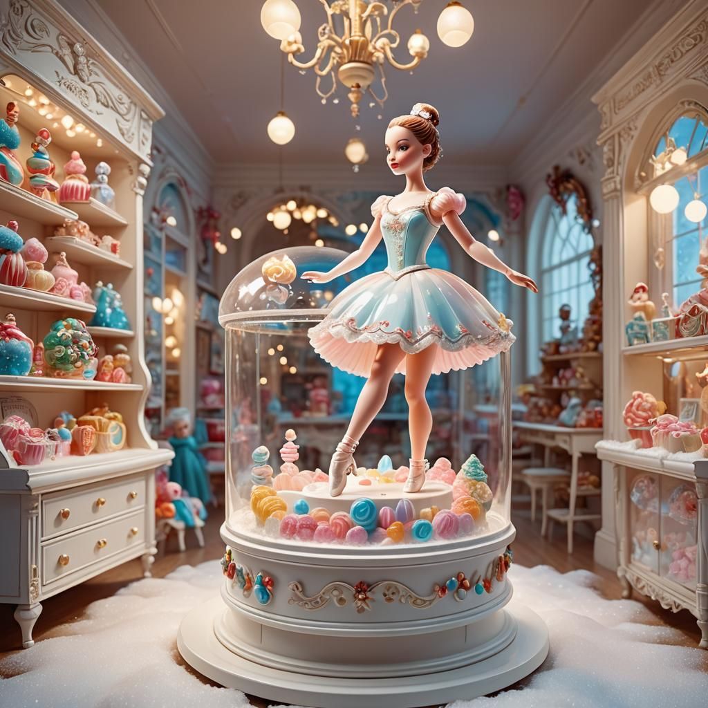 An alluring ballerina doll dancing on a winterthemed white music box