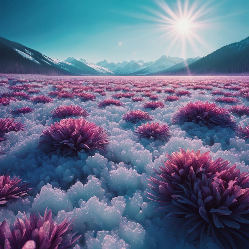 "A vibrant frozen wonderland bursting with color: a vast field of multi-colored crystal flowers spread across a shimmering icy landscape. Ra...