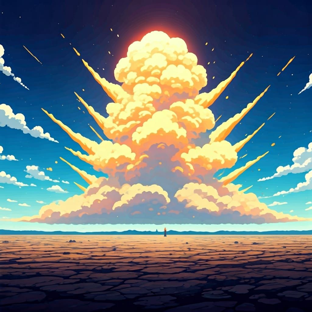 Dramatic Anime Explosion in Desolate Landscape