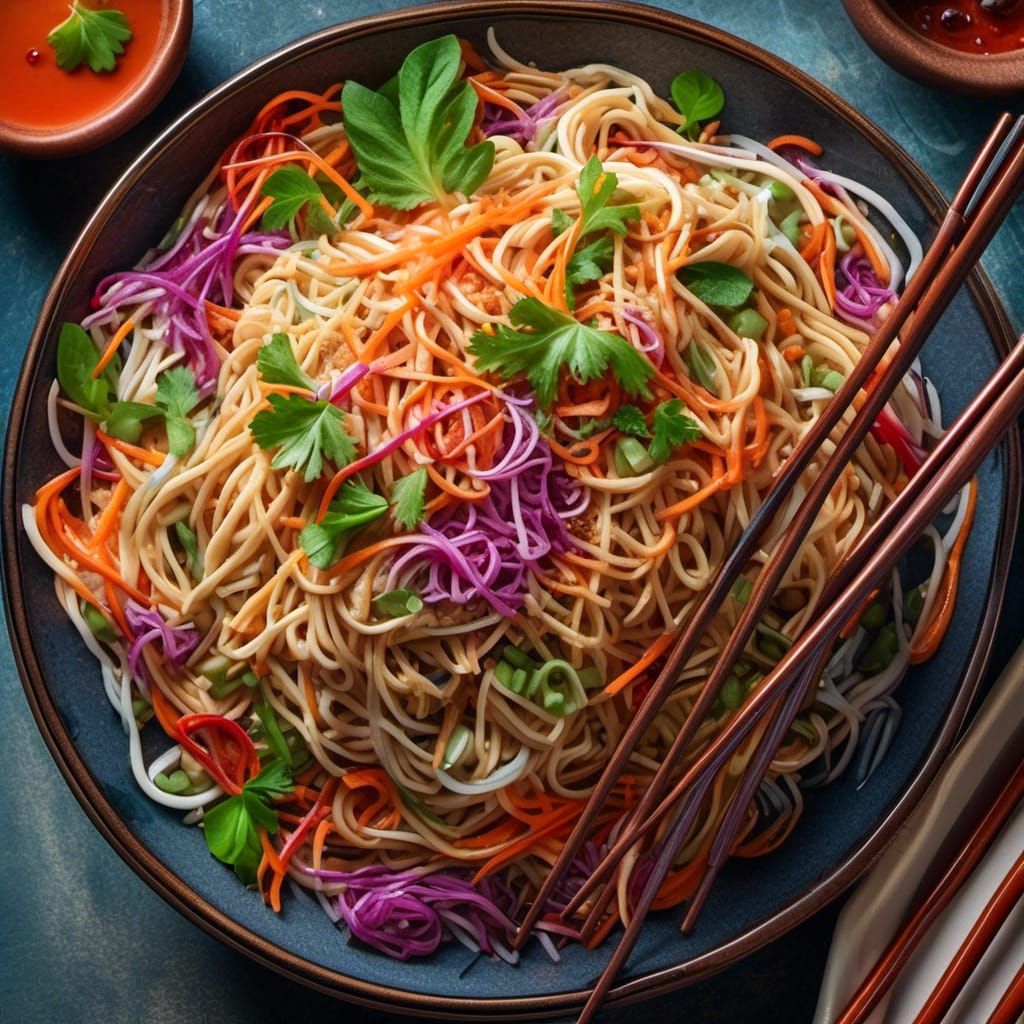 <lora:FoodGloriousFood:1.0> A gorgeous noodle salad glistening with fresh sauce intricate details, HDR, beautifully shot, hyperrealistic, sh...