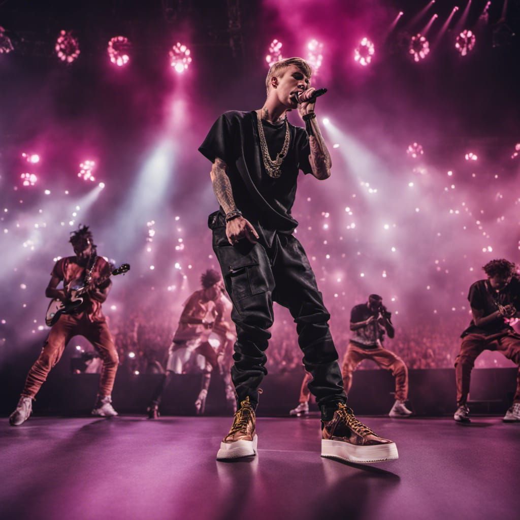 Justin bieber performing on stage with a whole group in 2023