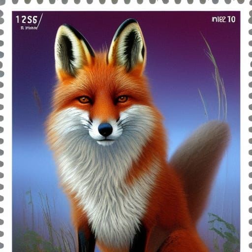 a postage stamp with a fox in a forest painting portrayed on a 60-cent stamp  Lee Bogle Robert Bissell ...  by @tremmerz