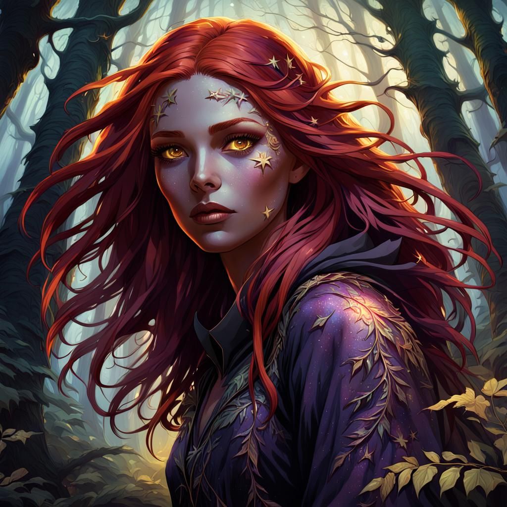 Ethereal Red-Haired Girl in Mystical Forest