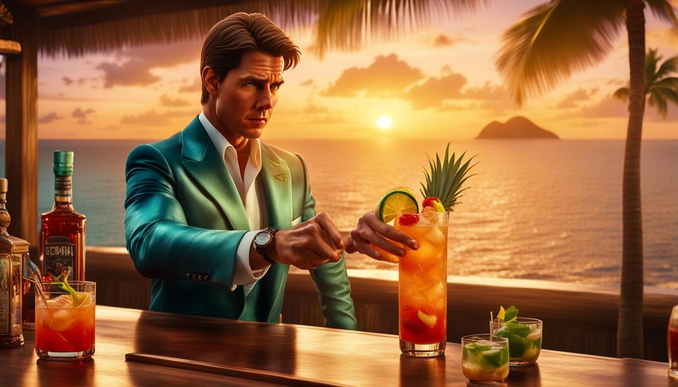 Cocktail movie scene with Tom Cruise in a tropical outfit ma...