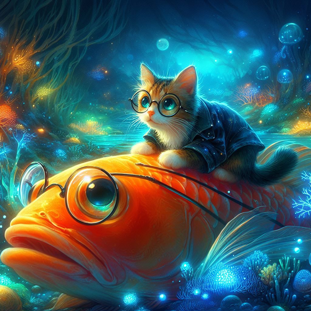A cat perches on the shoulder of a fish to listen to the sto...