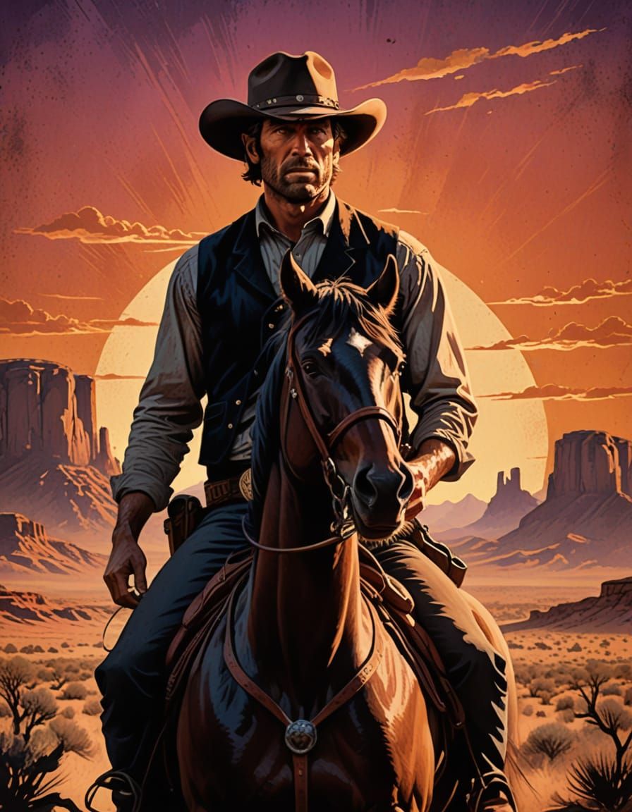 A stylized Western movie poster. A grizzled, middle-aged cowboy, weathered face etched with the stories ...  by @undefined