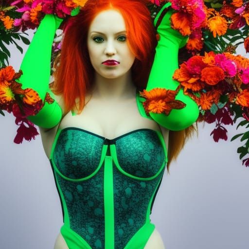 Woman with Red Hair and Floral Swimsuit in Synthwave Style