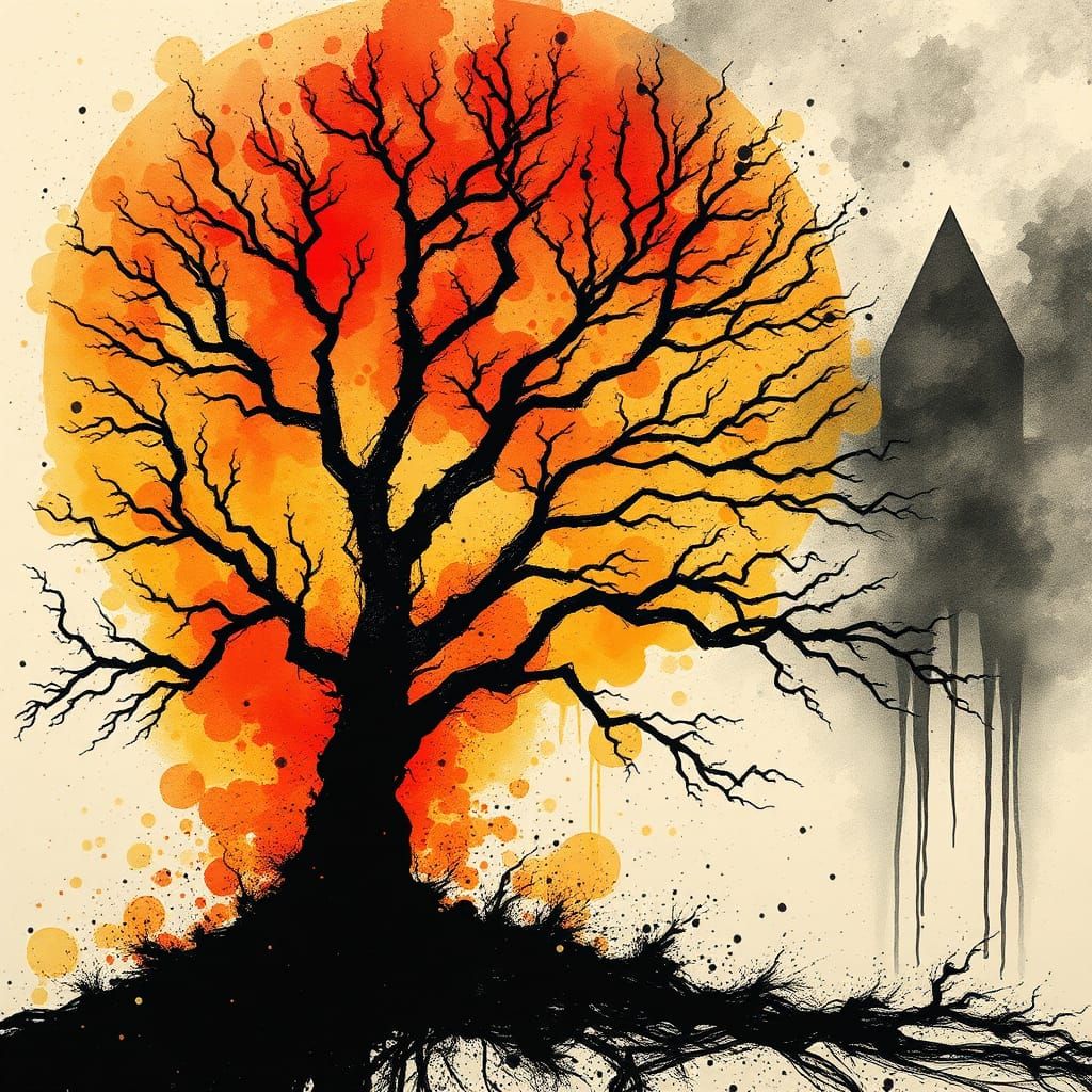 Burning Tree in Ink Splatter Art