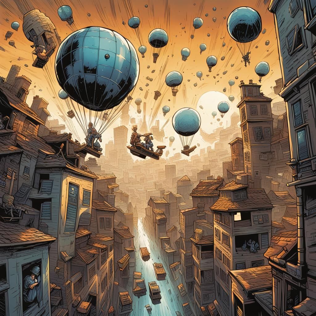 Whimsical illustrations featuring scenes where gravity appea...