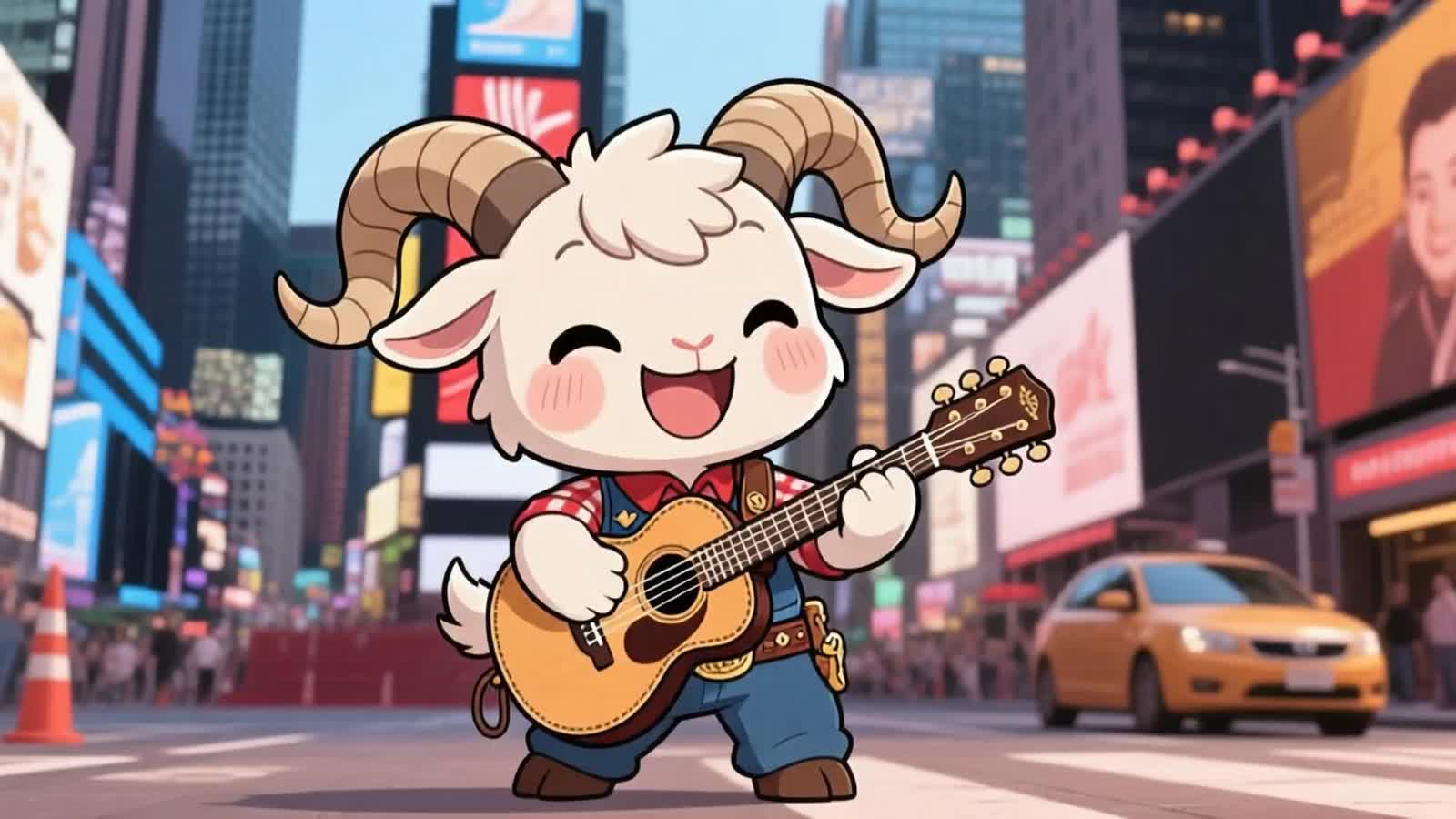 A happy chibi anime anthropomorphized billy goat playing country and western music in Times Square.