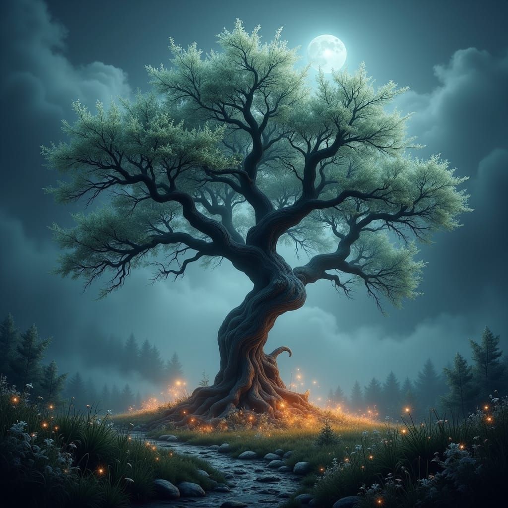 An ancient, gnarled tree with glowing flowers at its base, standing in a misty valley bathed in ethereal moonlight. The air is thick with a ...