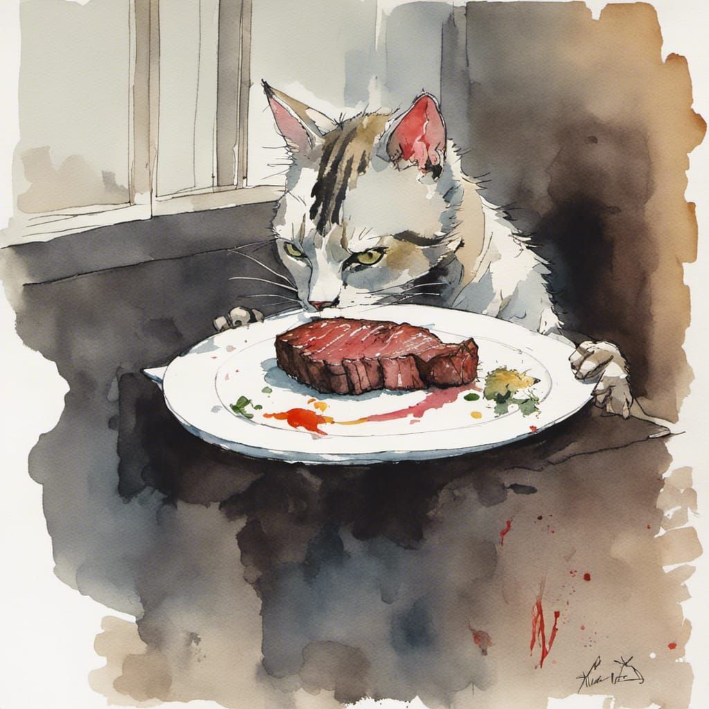 Cat doesn t want to eat steak AI Generated Artwork NightCafe Creator