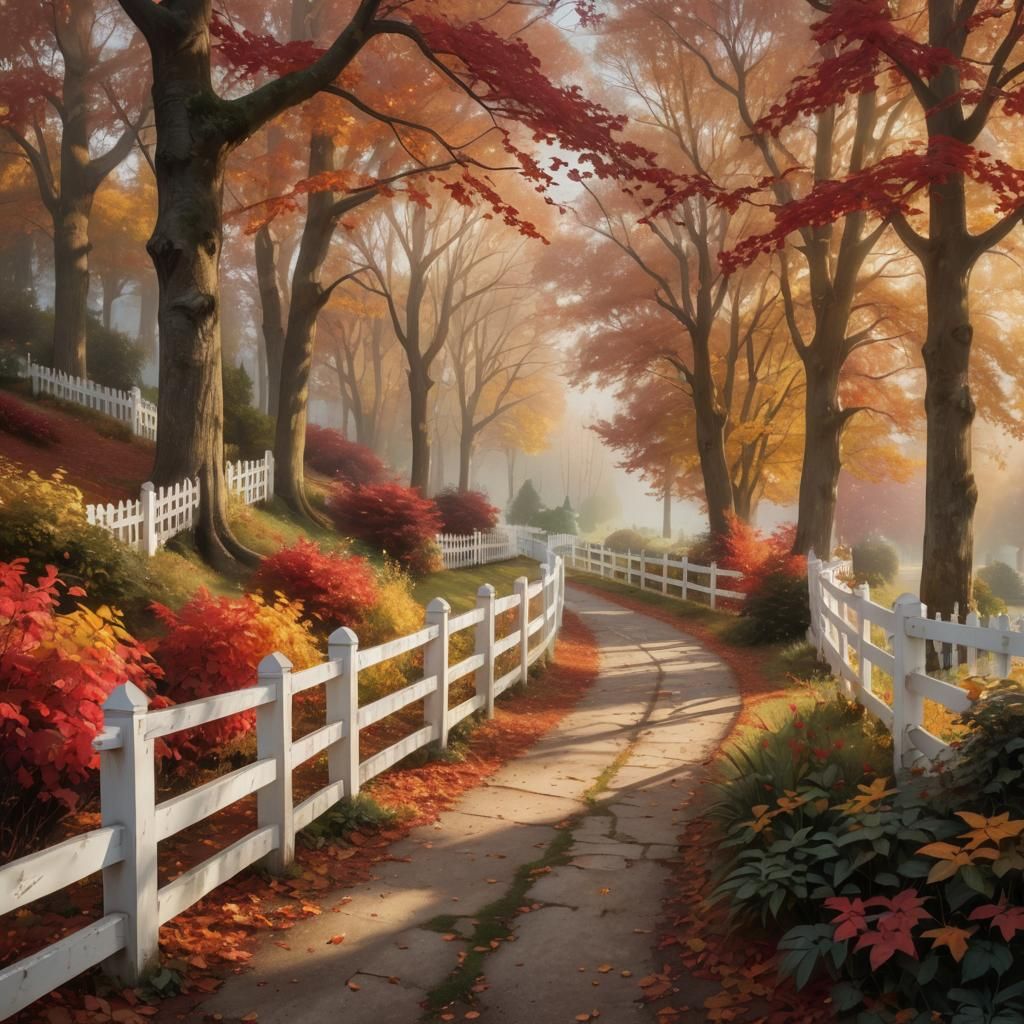 a pic of a path with a white picket fence and trees with red...