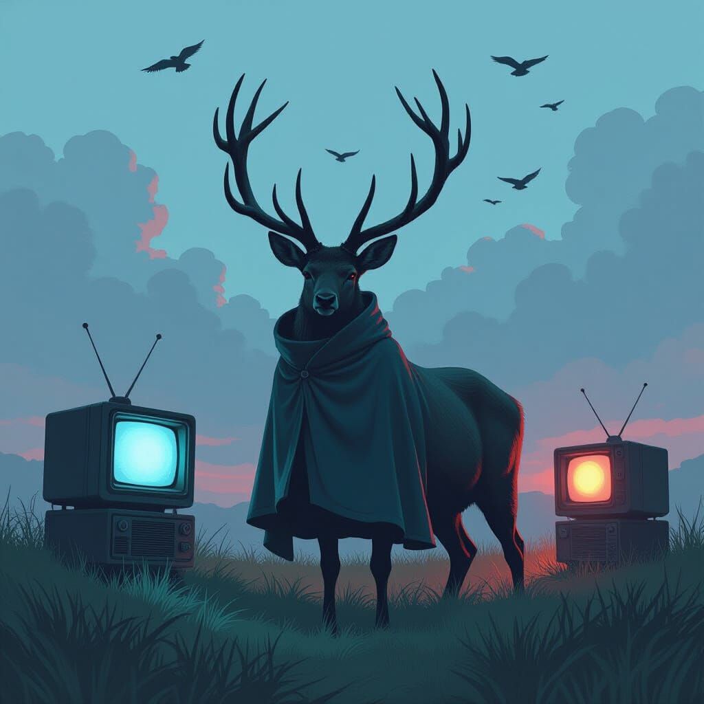 Multi-Headed Deer in Retro-Futuristic Neon Landscape