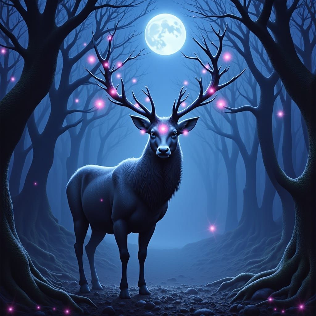 <lora:Mostly Magig 3:1.0> A majestic stag with antlers entwined with glowing celestial orbs stands in a moonlit, ancient forest. Ethereal mi...