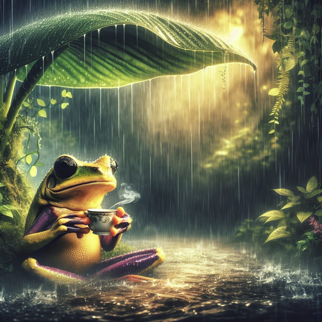 A whimsical and sophisticated purple-yellow frog is fully and safely sheltered beneath a large, lush ...  by @Kindly Offer