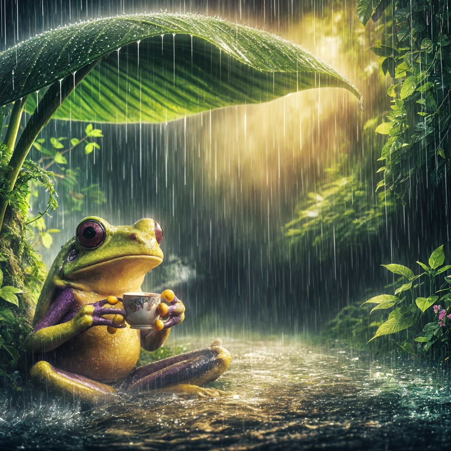 A whimsical and sophisticated purple-yellow frog is fully and safely sheltered beneath a large, lush jungle plant during a heavy rainstorm....