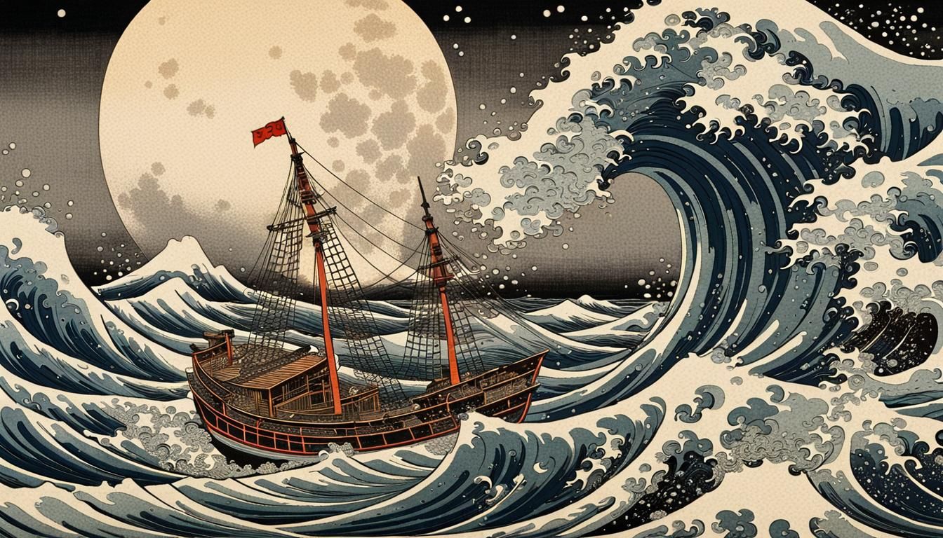 Shuinsen seal ship on a Ukiyo-e woodblock print