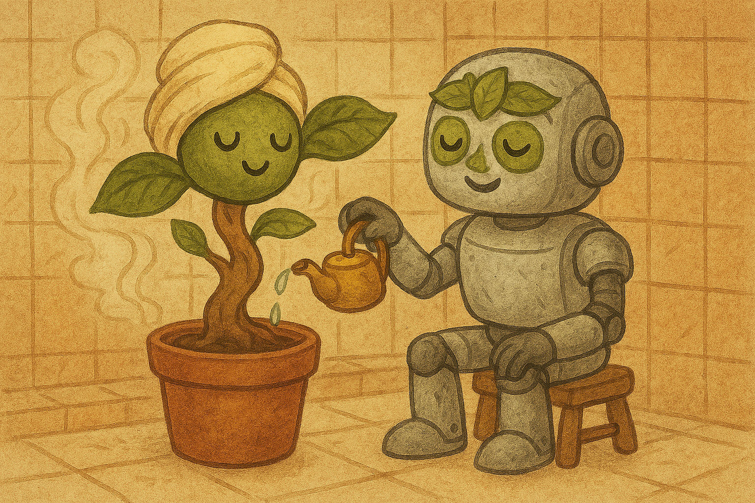 Robot and Tree Having a Spa Day