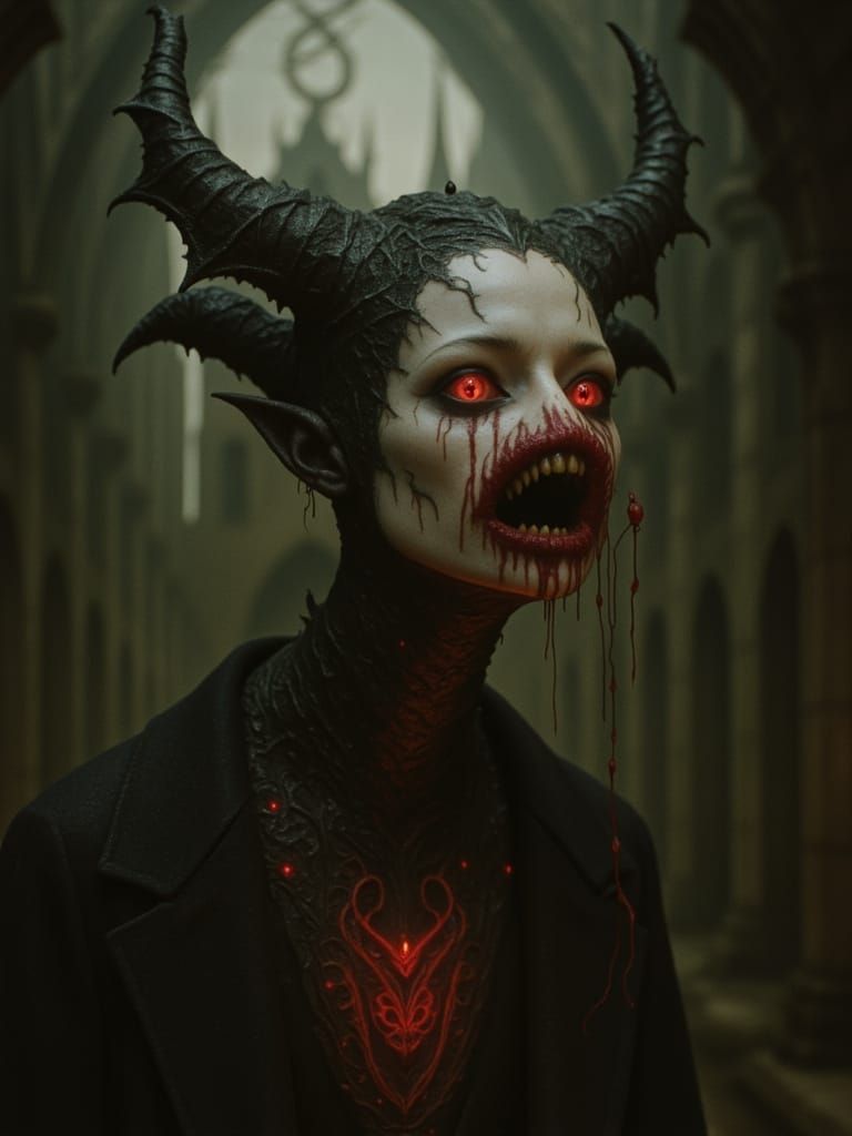 In the Whimsical Nouveau style, a surreal portrait of a lady vampire with distorted, asymmetrical features, her huge, expressive blood-red e...