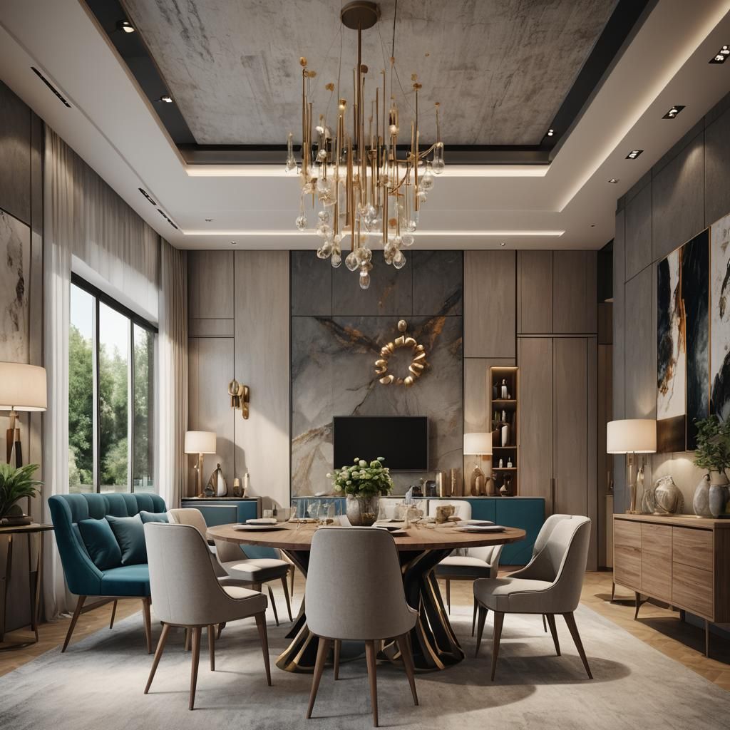 8k modern dining table with upholstery chairs, pendant lamps...