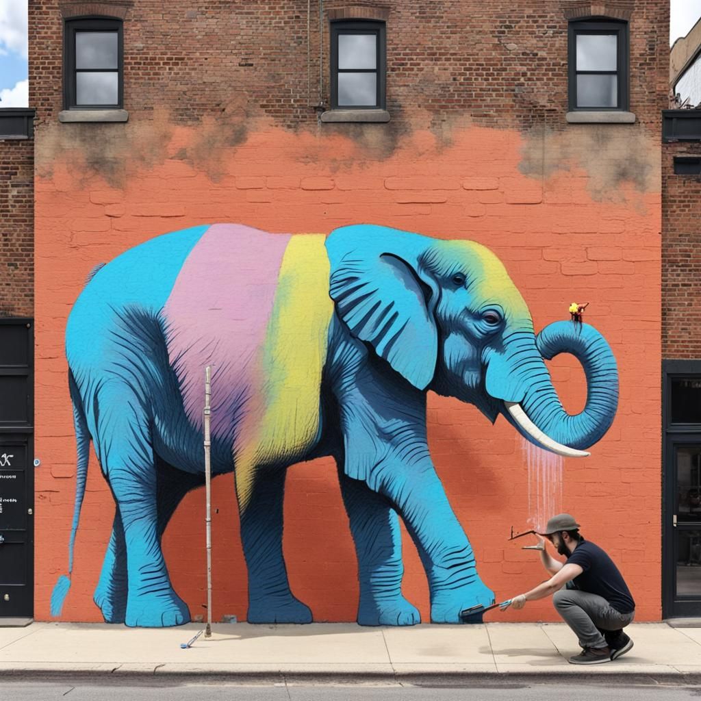 An artist using colored chalk is drawing a large elephant on...