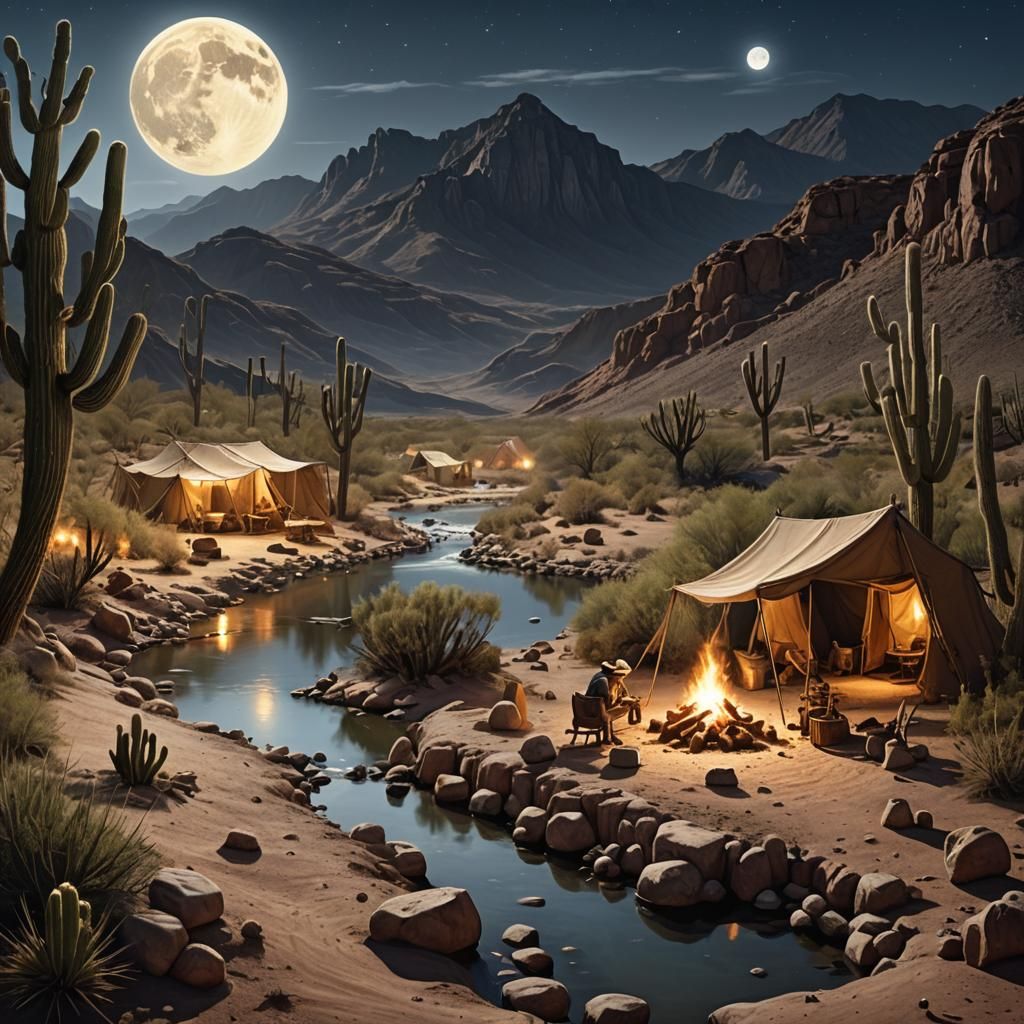 A prospector's camp in the cactus desert next to a large stream with the prospectors around a campfire ...  by @Wildlife51