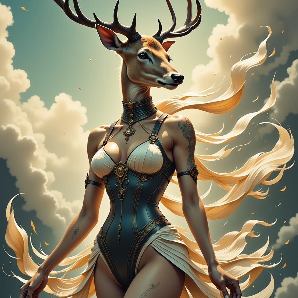 <lora:Caffeinated Wildlife:1.0> Deer headed woman wearing A leotard with flowing, mist-like fabric that moves with the wind. 