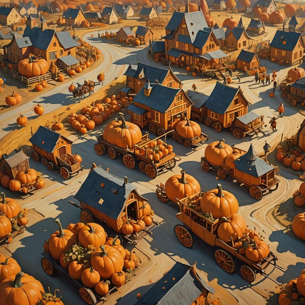 Surreal Pumpkin Carriage Procession in Dream Village