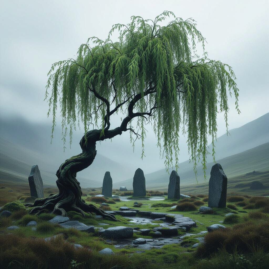 Hyperrealistic portrait of a weeping willow branch in shades of green, black, indigo, violet and other dark shades. In the misty highlands o...