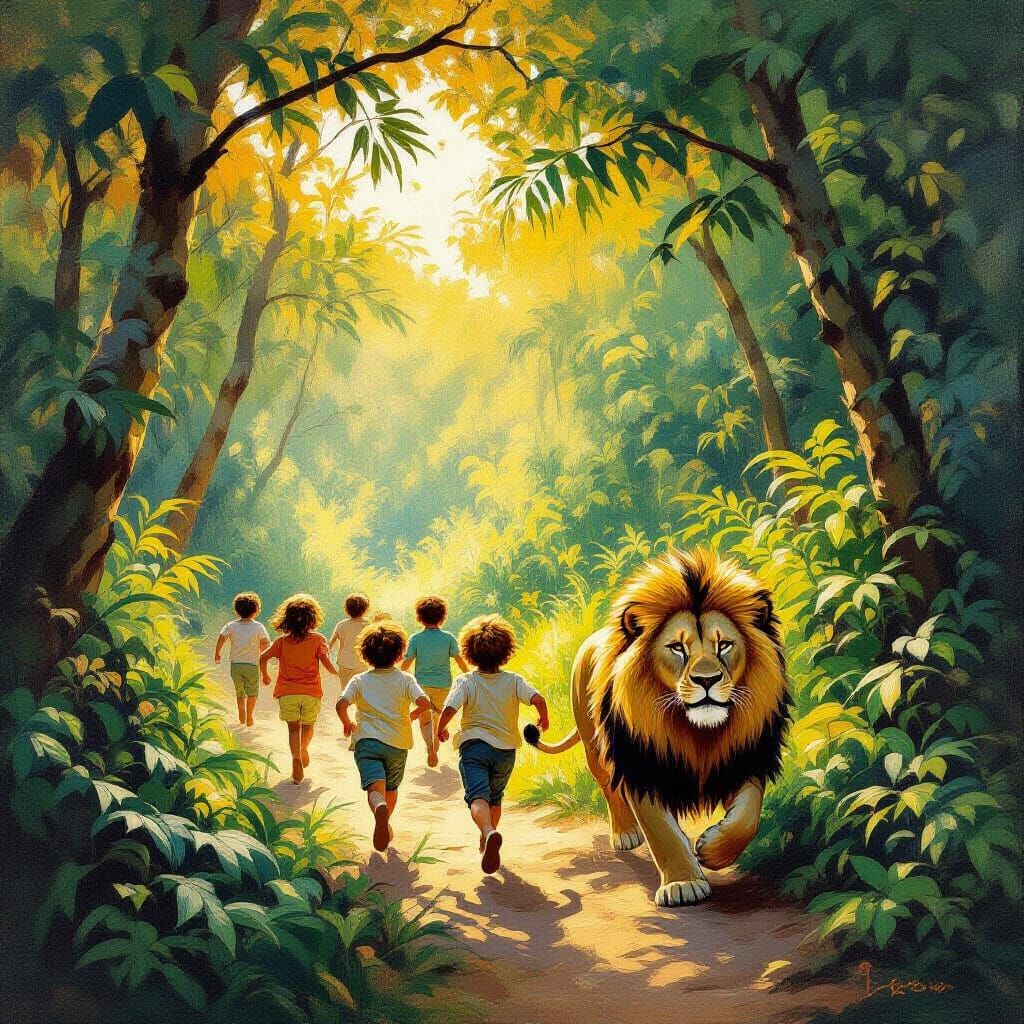 Children Escape Lion in Impressionist Jungle