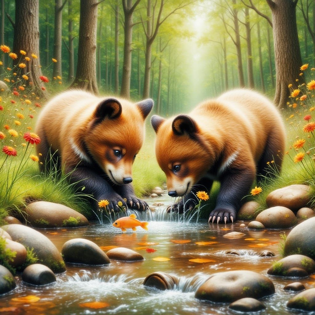  <lora:Vibrant Brush:1.0> two bear cubs trying to fish from a stream