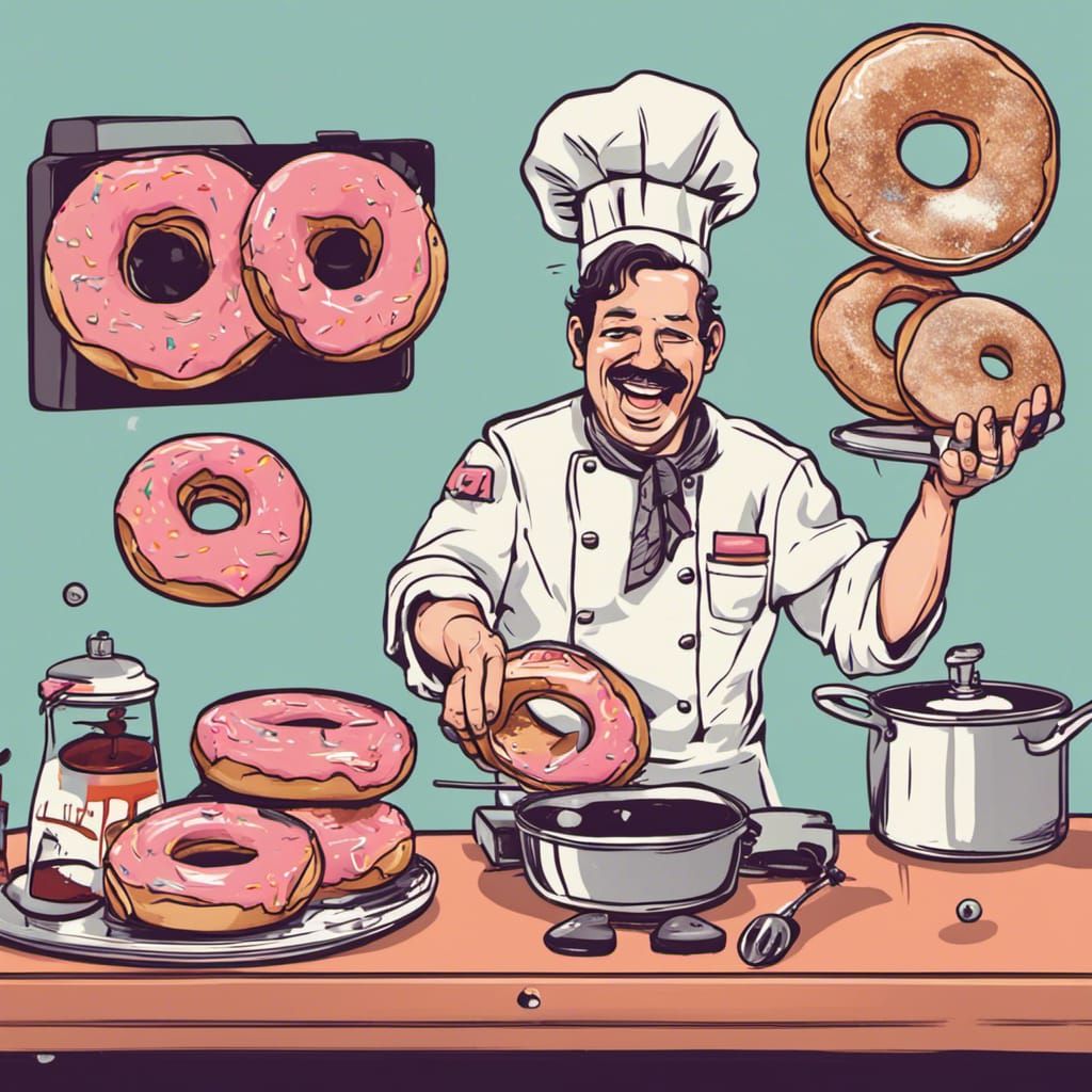 Rock and Roll Chef cooking musical doughnuts.