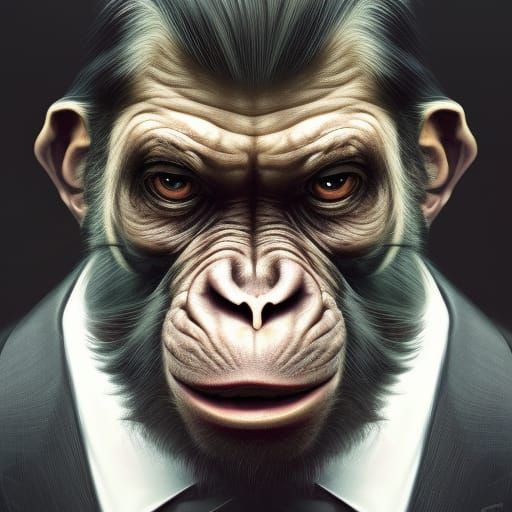 Ape 5D in suit ,5D lighting,surreal fantasy art,detailed fac...