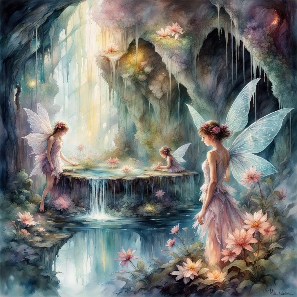 Fairies mining pixie dust in crystal cave, reflections,water fountain ...