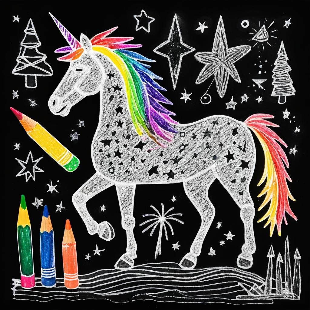 Kids Crayon drawings ,surreal  friendly unicorn , child's dr...