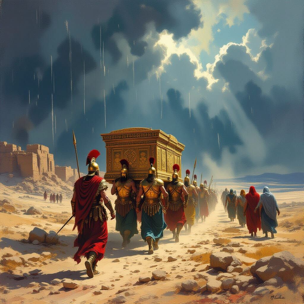 Greek Warriors and Ark of Covenant in Desolate Landscape