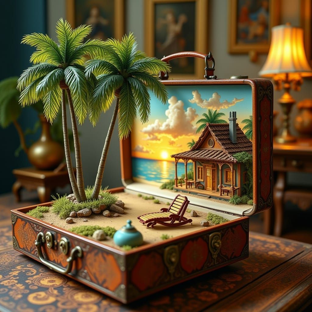 <lora:tavoletta:1.0> On the night table lies an open vintage lady's handbag, inside which is a microcosm in the form of a bungalow and a cha...