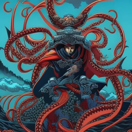 samurai octopus in style of hokusai