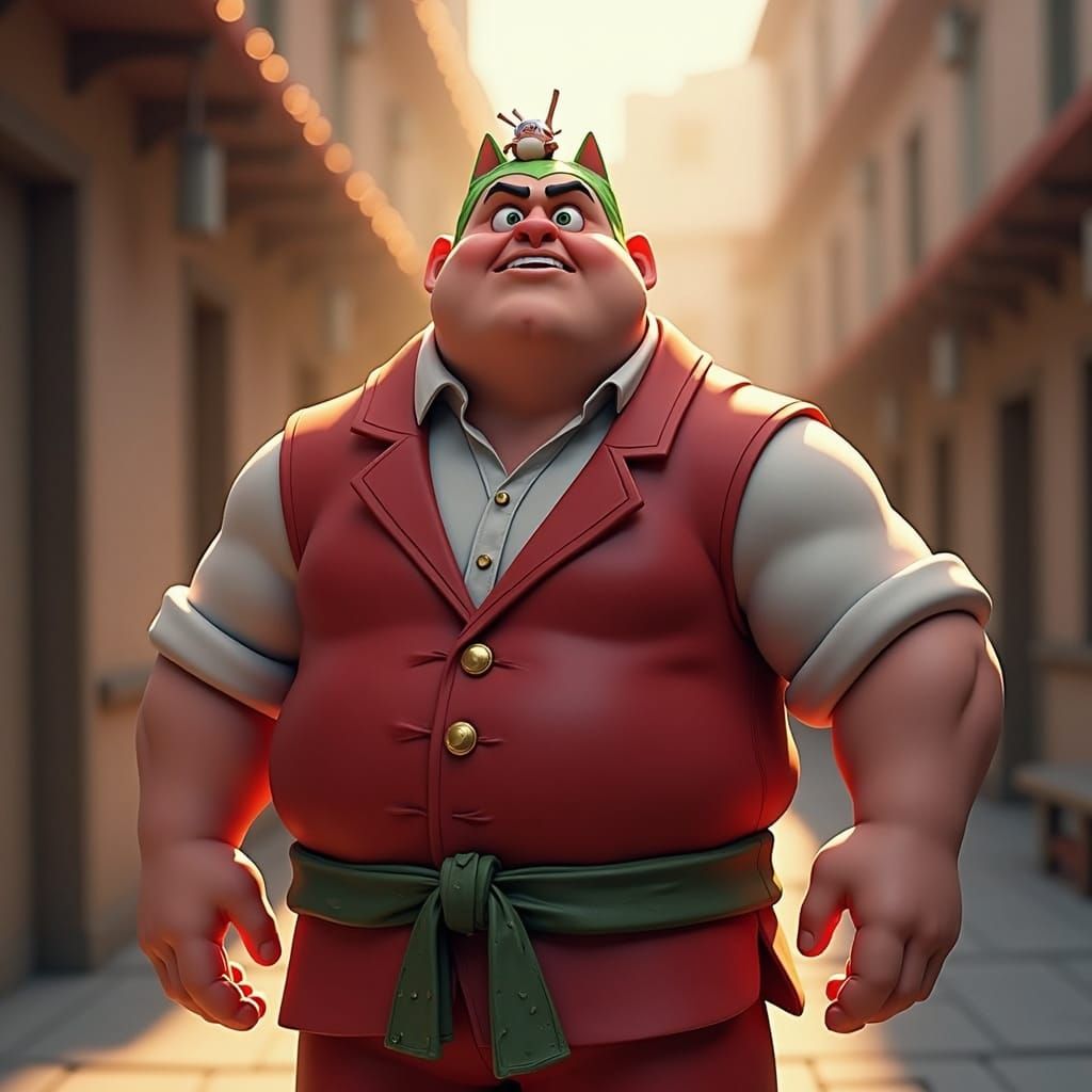 Green Cat Eating Cucumber in Anime Style