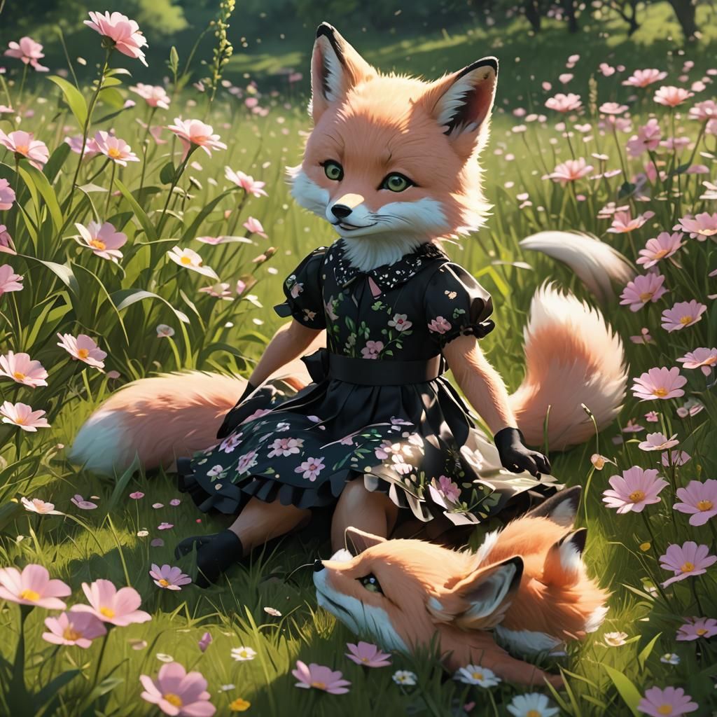 a pink fox cub playing with a little girl dressed in a black...