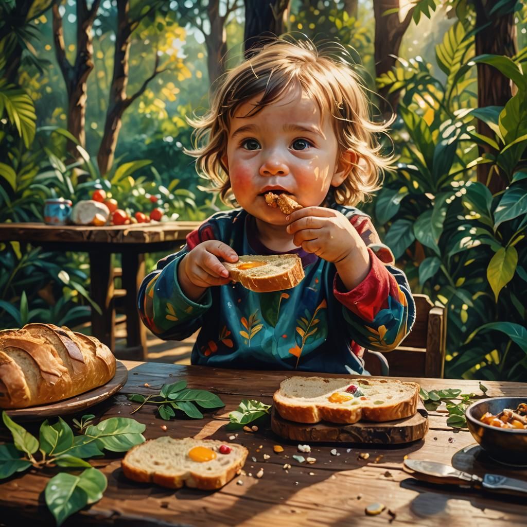 Toddler Eating Bread: Vibrant Oil Painting