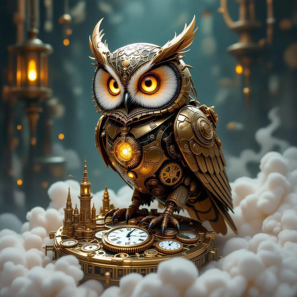 A steampunk-inspired automaton owl with intricate brass gears and glowing amber eyes perches on a cloud ...  by @Mila K