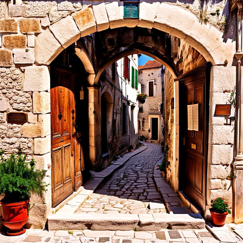 medieval residential street,  doorway, cul-de-sac, trogir