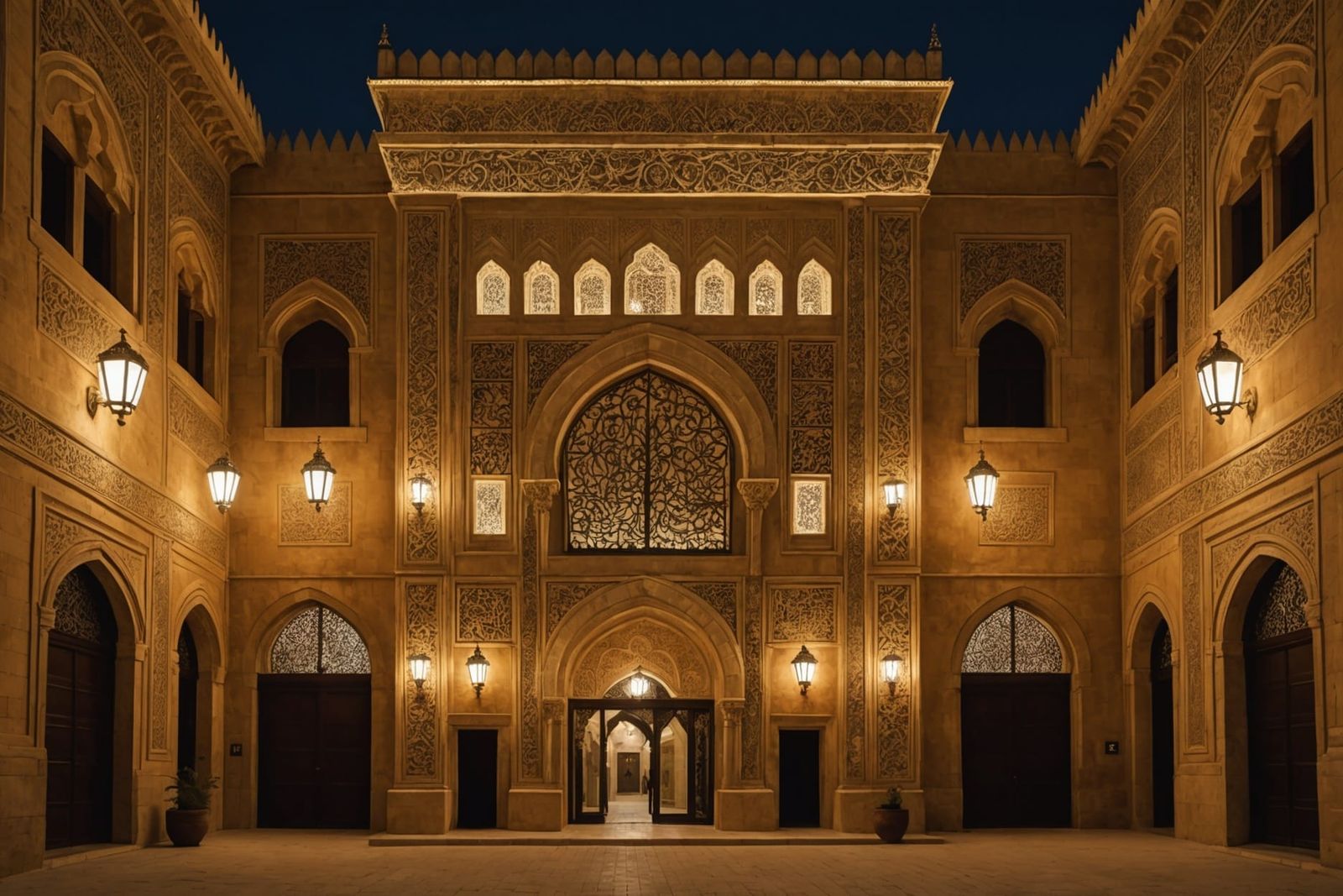 crossroads palace, rich Arab palace facade, night, lanterns,...